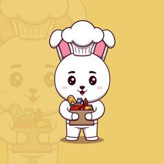 Cute rabbit chef holding cardboard box full food