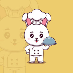 Cute rabbit chef holding restaurant cloche
