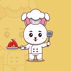 Cute rabbit chef holding spatula and Burning Frying Pan