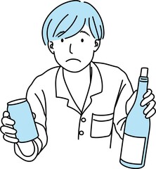 ワインボトルと缶を持つ困った顔の若い男性