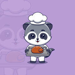 Cute raccoon chef holding a tray of roast chicken