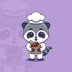 Cute raccoon chef holding cardboard box full food