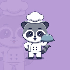 Cute raccoon chef holding restaurant cloche