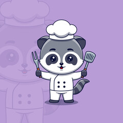 Cute raccoon chef holding spatula and barbecue fork