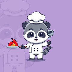 Cute raccoon chef holding spatula and Burning Frying Pan