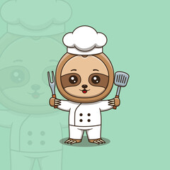 Cute sloth chef holding spatula and barbecue fork