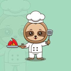 Cute sloth chef holding spatula and Burning Frying Pan