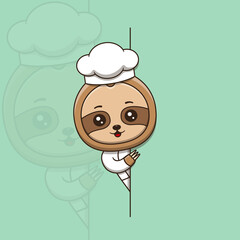Cute sloth chef peeking out behind blank sign