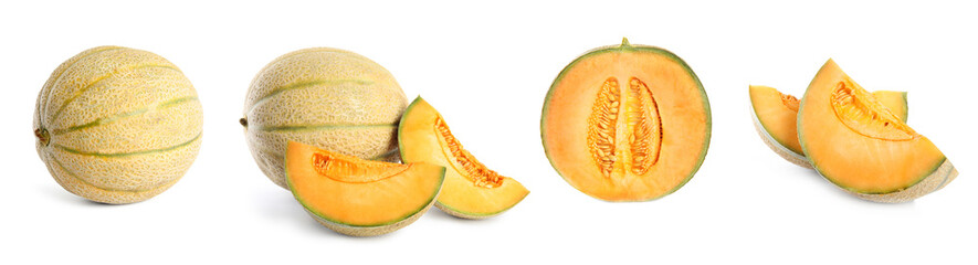 Set with delicious ripe melons on white background. Banner design