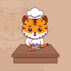 Cute tiger chef cutting carrot