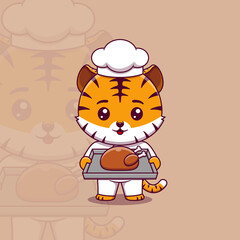 Cute tiger chef holding a tray of roast chicken