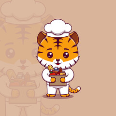 Cute tiger chef holding cardboard box full food
