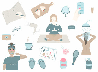 morning routine. set illustration. depicts women and their morning routine. brush your teeth, shower, yoga, diary