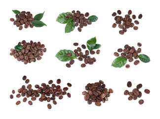 Set with roasted coffee beans on white background, top view