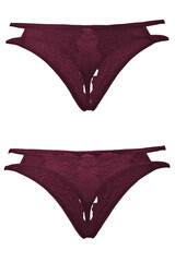 Detail shot of erotic panties with sexy lace and flower patterns. The burgundy colored panties have two thin ribbons on hips. The lace lingerie is isolated on the white background. Front and back view