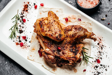 chicken Tabaka, Traditional Georgian cuisine, Homemade Grilled or roasted Chicken Tobacco, Restaurant menu, dieting, cookbook recipe top view