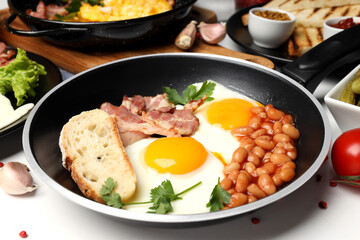 Concept of tasty breakfast on white background