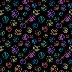 Colorful bright abstract seamless pattern with doodle hand drawn spiral. Endless texture with neon colored element on black background. Decor, wrapping, cover, wallpaper. Vector illustration.