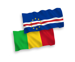 National vector fabric wave flags of Republic of Cabo Verde and Mali isolated on white background. 1 to 2 proportion.