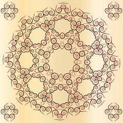  The symmetrical pattern of abstract shapes creates an ornament in the form of a graphic flower in black and red. Ornament on a brown, gradient background.
