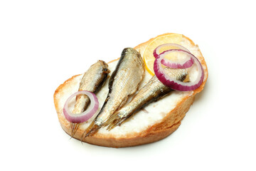 Delicious sandwich with sprats isolated on white background