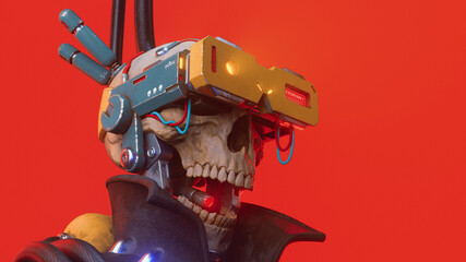 Portrait of scary grunge cyber human skull with teeth open mouth wears dark jacket, futuristic yellow blue color metal virtual reality glasses, wires. Cyberpunk addiction. 3d render on red backdrop. - obrazy, fototapety, plakaty
