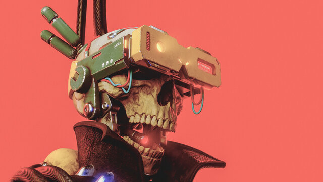 Portrait of scary grunge cyber human skull with teeth open mouth wears dark jacket, futuristic yellow green color metal virtual reality glasses, wires. Cyberpunk addiction. 3d render on pink backdrop.