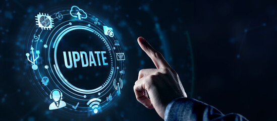 Internet, business, Technology and network concept. Update software computer program upgrade. Virtual button.