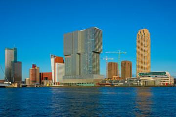 Fototapeta na wymiar Rotterdam skyscrapers skyline view over of Nieuwe Maas river. Rotterdam