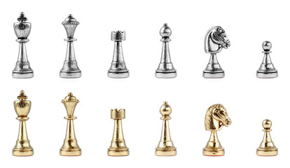 Set with golden and silver chess pieces on white background