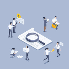 isometric vector illustration on gray background, paper document with  magnifying glass, woman hands over document to a man in business clothes, archival document and paperwork