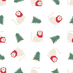 Seamless holiday pattern with cat in scarf and Christmas tree