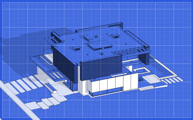 3d rendering of modern cozy house with parking and pool for sale or rent with wood plank facade.  Black line sketch with white spot and blueprint background