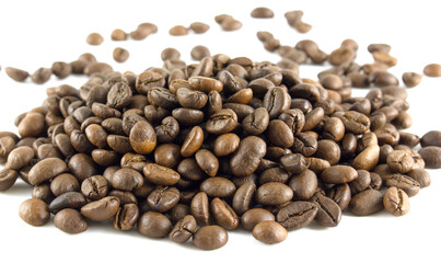 Bunch of roasted arabica coffee beans on a white background.