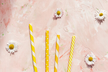 Paper straws on pastel pink with spring flowers background. Recycle, environment conversation, pollution, cocktail party, summer drinks concept, copy space. Sunlight and shadows trendy shot