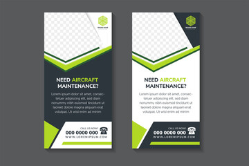 need aircraft maintenance roll up banner. abstract geometric template design use vertical layout combined with green and dark grey elements. white background with space for photo collage.