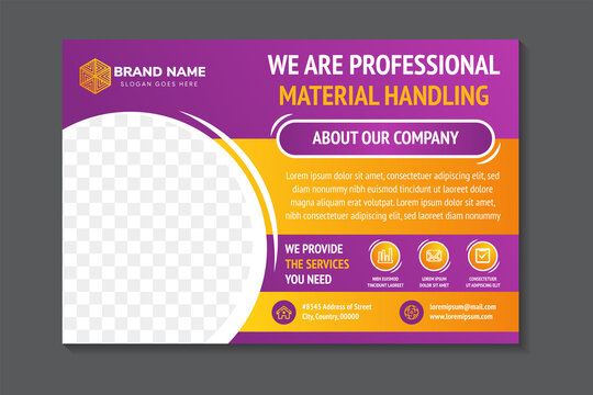 professional material handling banner. abstract geometric flyer template design use horizontal layout combined with yellow and white elements. purple background with space for photo collage.