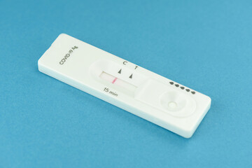 close view of negative antigen covid-19 test on blue background