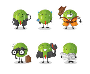 tennis ball detective group character. cartoon mascot vector