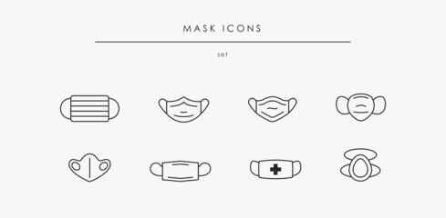 Protection mask icon set for medical clinic and face. Isolated linear mask collection for doctor and covid19 protection. Prevention and quarantine. Respirator for coronavirus. Linear mask vector