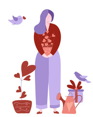 Valentine's day young girl holds a love plant near dove and watering can. Vector illustration for february 14 gift card
