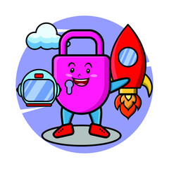 Cute mascot cartoon character Lock as astronaut with rocket, helm, and cloud in cute style for t-shirt, sticker, logo element, poster