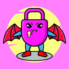 Cute mascot cartoon Lock character as dracula with wings in cute modern style for t-shirt, sticker, logo element, poster