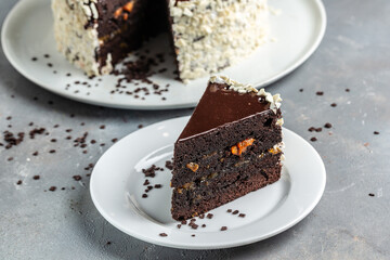 piece of chocolate cake slice. delicious sweet dessert, Close up