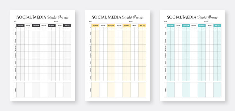 Social Media Schedule Planner Pages Design Collection Set, Minimalist planner pages templates, 3 Set of minimalist Social Media Schedule Planner, Daily planner bundle set.