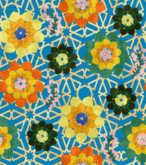Abstract Moroccan Style Dahlias Florals Interior Concept Seamless Pattern Geometrical Backdrop