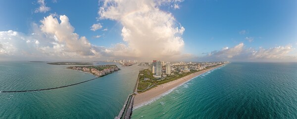 Drone panorama over Miami Beach skyline at dusk