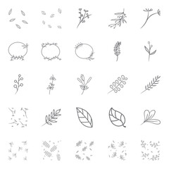 Fototapeta na wymiar Best Collection Of Hand Drawn Floral Doodle Elements With Tree branches, Leaves, Flowers, Wreaths In Black Color. Perfect for Websites, Advertisements, Banners, Posters, Billboards, Templates, Logos.