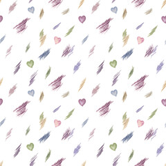Hand drawn abstract seamless pattern with the watercolor paint strokes and hearts. Pastel palette, cute design for fabric, wrapping paper, wallpapers and stationery decoration for Valentine's day. 