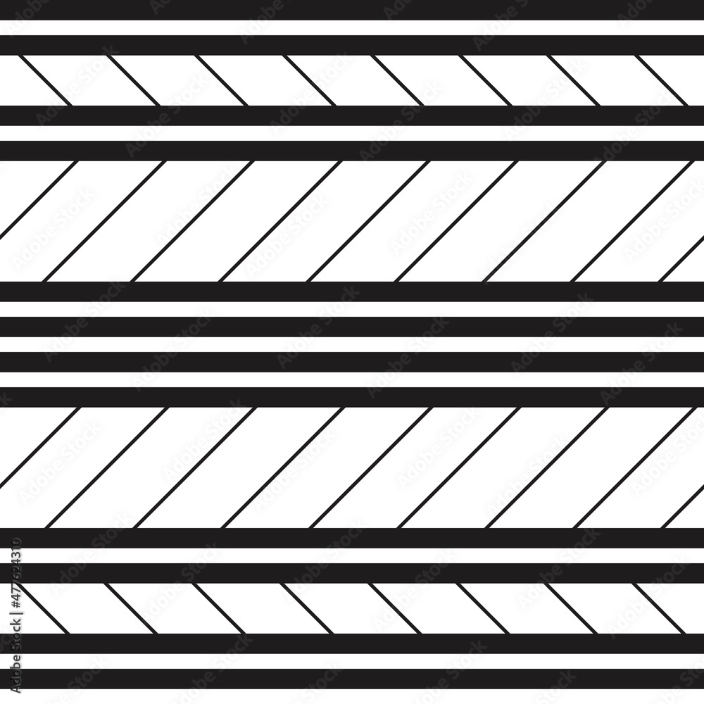 Poster Black horizontal lines with diagonal edges. Vector with a primitive pattern of lines and a white background. Can be used seamlessly.
